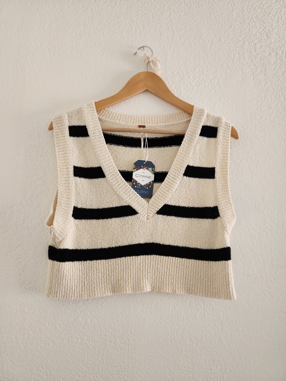 Free People Cream and Black Striped V-Neck Tank